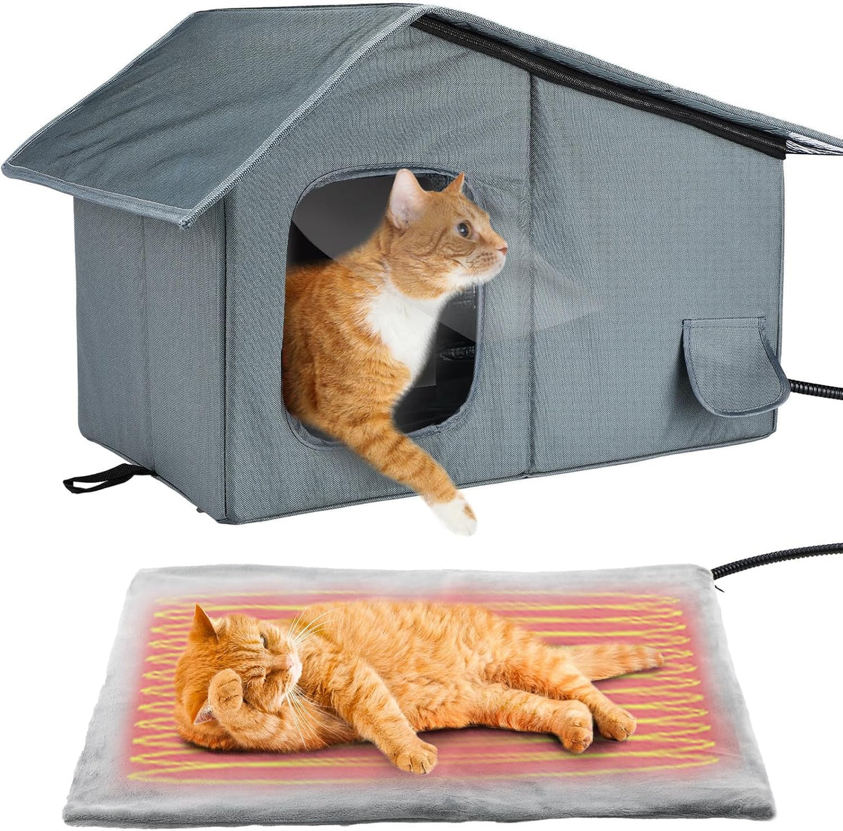 Weatherproof Outdoor Heated Cat House with Thermostatic Heating Pad