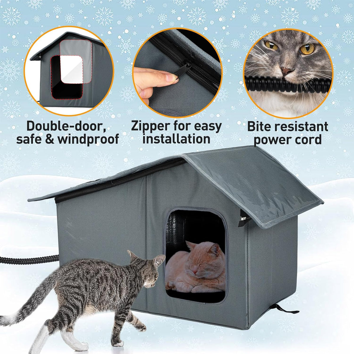 Weatherproof Outdoor Heated Cat House with Thermostatic Heating Pad