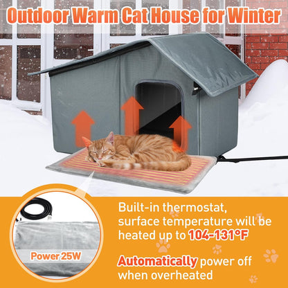 Weatherproof Outdoor Heated Cat House with Thermostatic Heating Pad